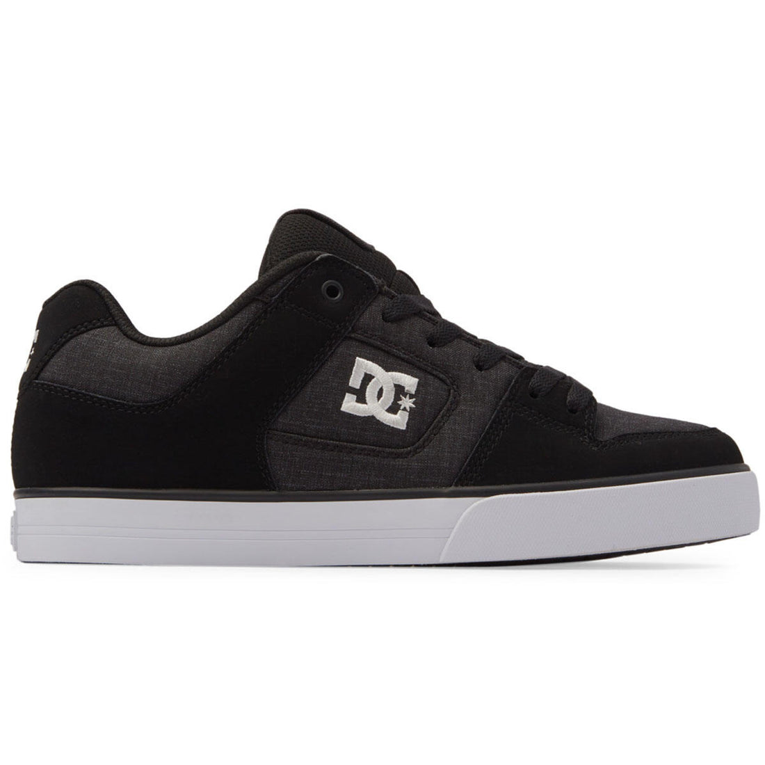DC Pure men's skate shoes in Black White Battleship with heavy-duty leather upper, padded silhouette and durable rubber cupsole.