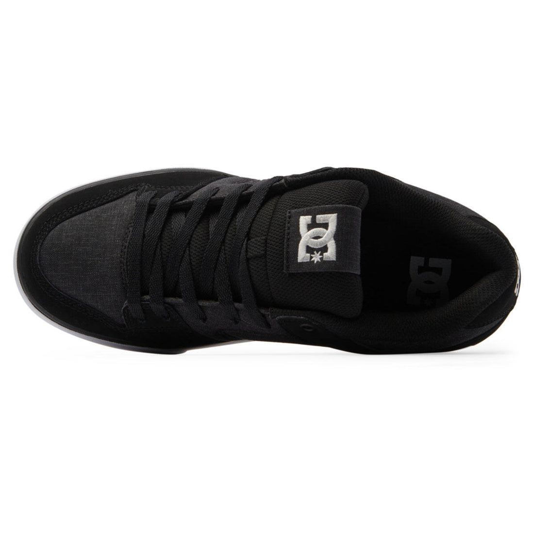 DC Pure men's skate shoes in Black White Battleship with heavy-duty leather upper, padded silhouette and durable rubber cupsole.
