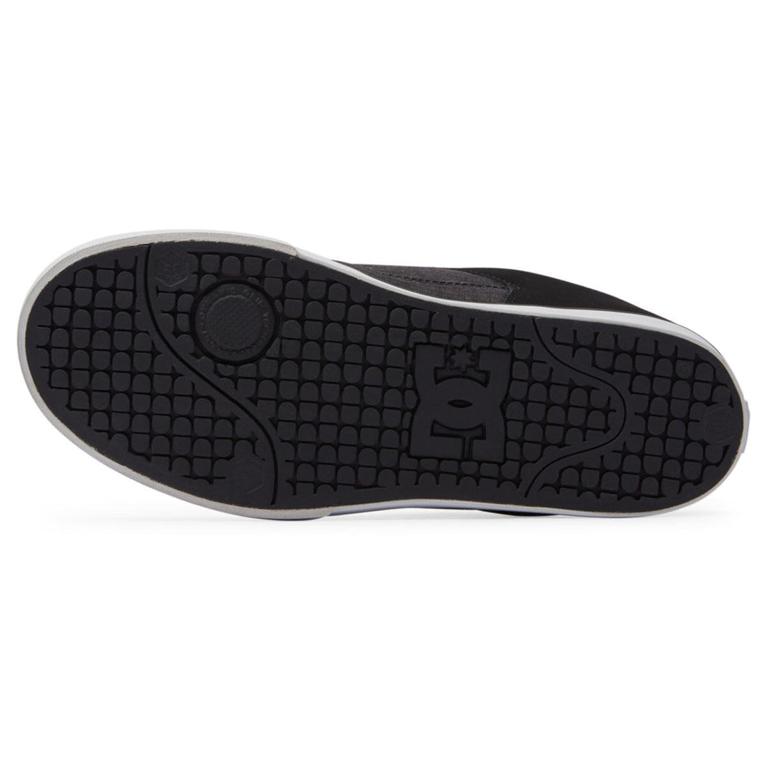 DC Pure men's skate shoes in Black White Battleship with heavy-duty leather upper, padded silhouette and durable rubber cupsole.