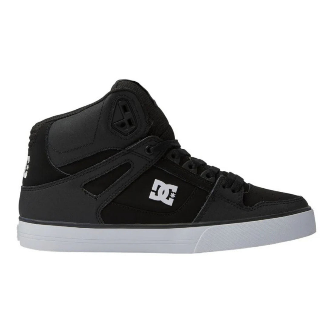 DC Pure High-Top WC black white skate shoes with padded collar and cupsole construction available at Freeride Surf & Skate NZ.
