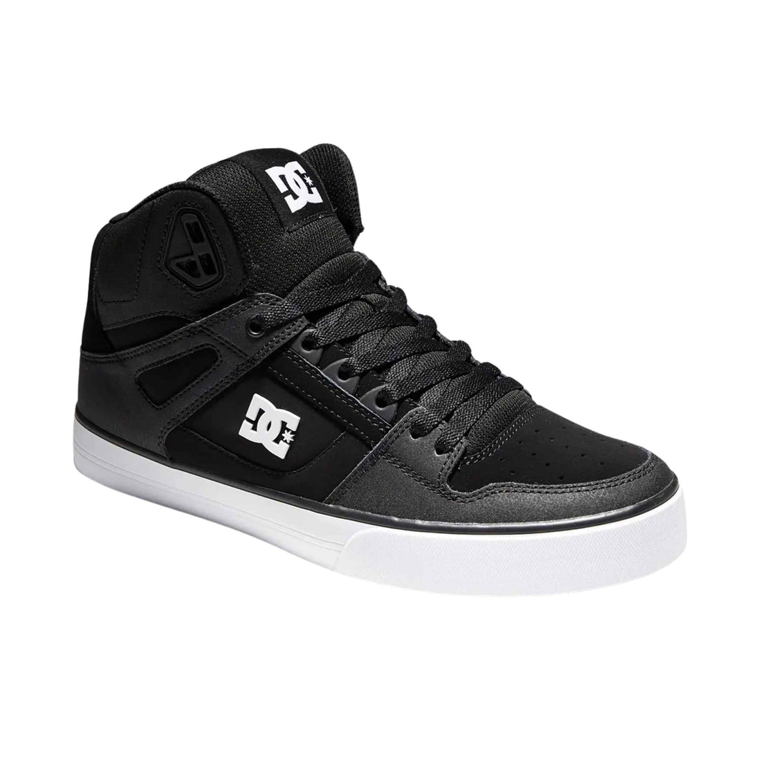DC Pure High-Top WC black white skate shoes with padded collar and cupsole construction available at Freeride Surf & Skate NZ.