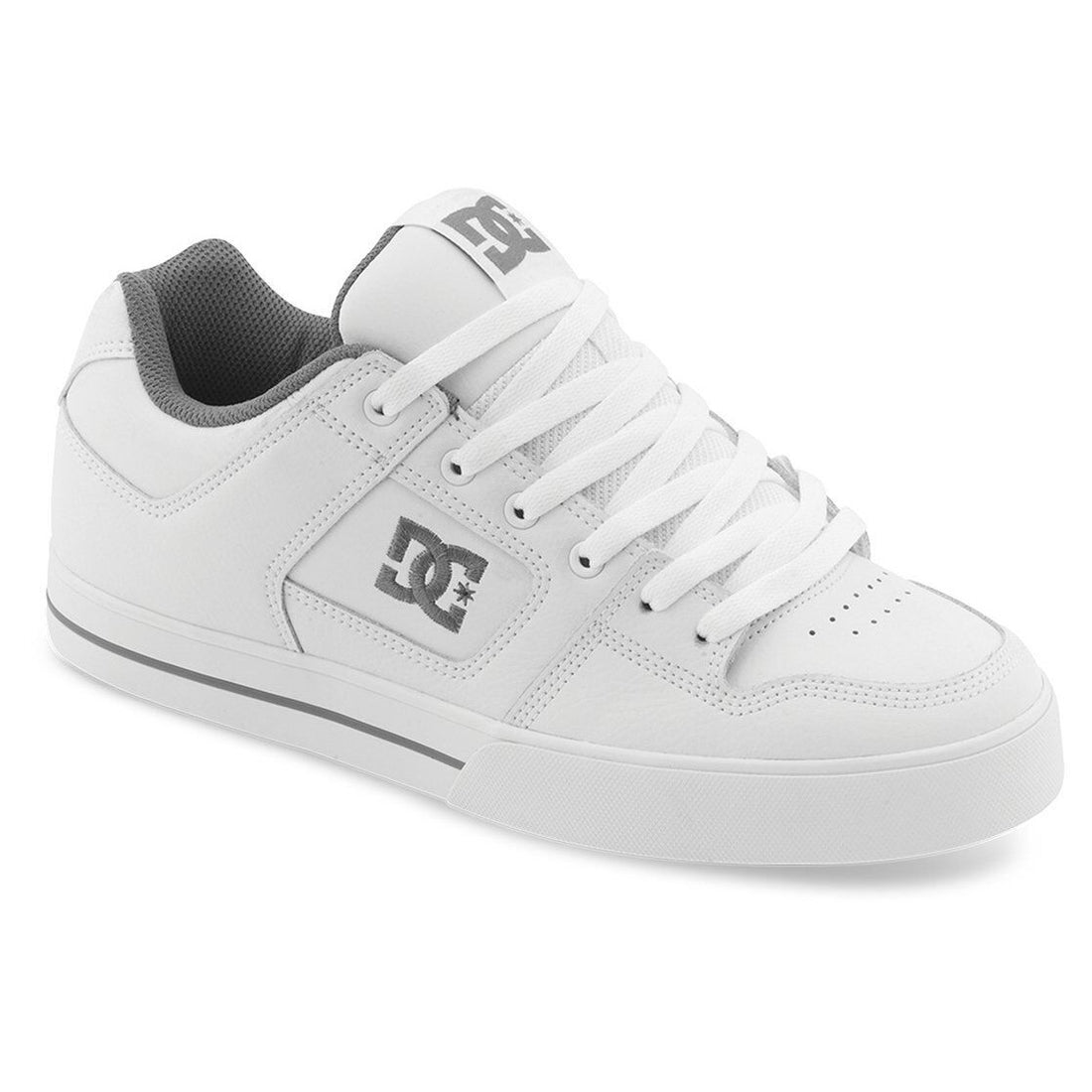 A white DC Pure skate shoe with a lace-up closure, displayed on a plain background.