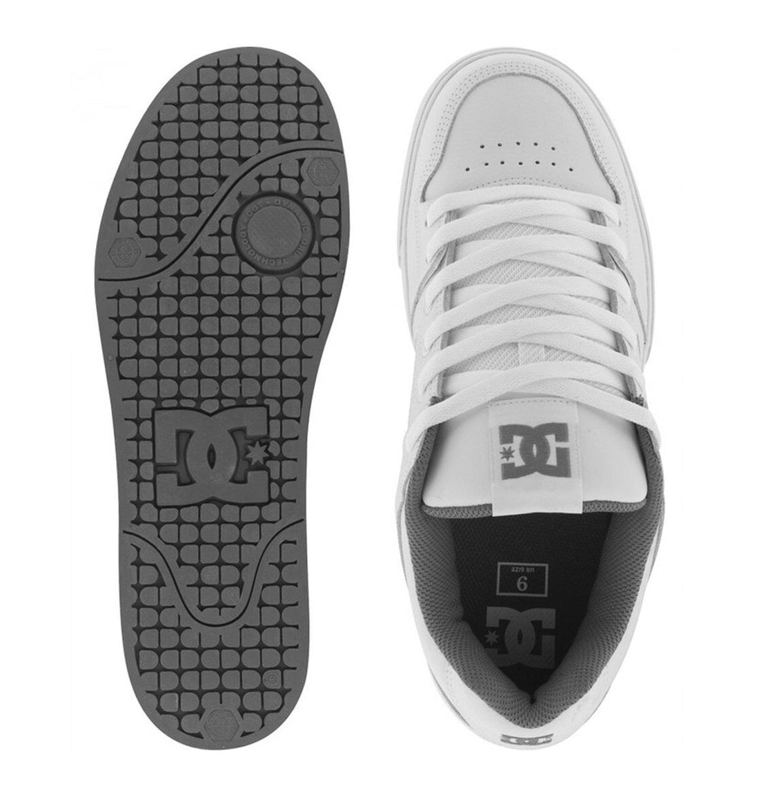 DC Pure men's skate shoes in White Battleship White with panelled upper, padded tongue and collar, and rubber cupsole.