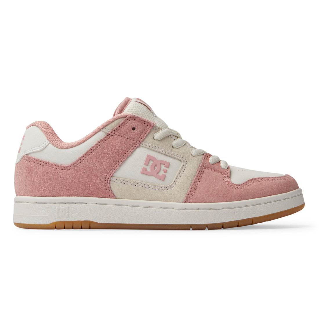 DC Women's Manteca 4 shoes in Blush with panelled leather upper, padded tongue and collar, and rubber Pill Pattern outsole.