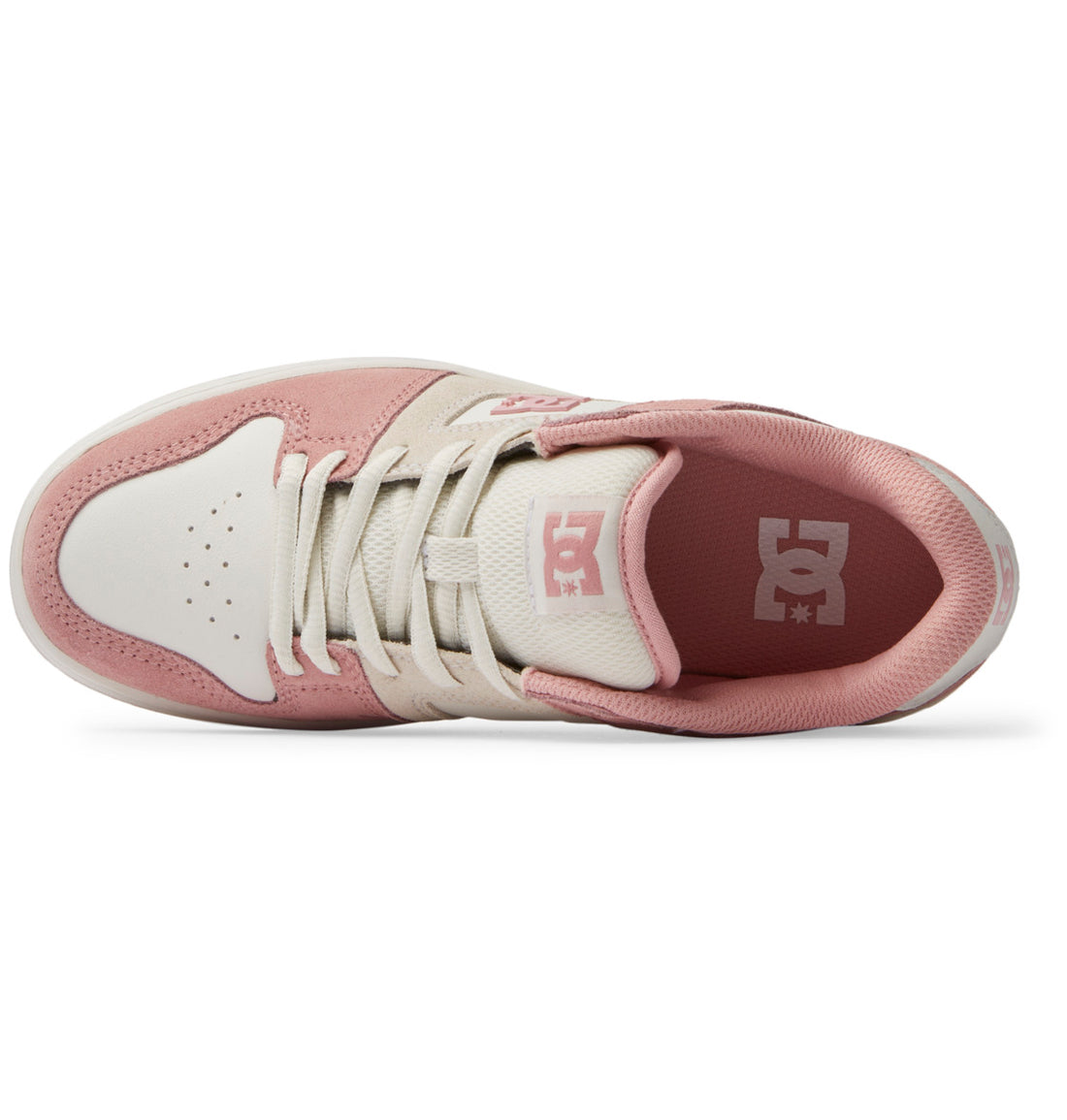 DC Women's Manteca 4 shoes in Blush with panelled leather upper, padded tongue and collar, and rubber Pill Pattern outsole.