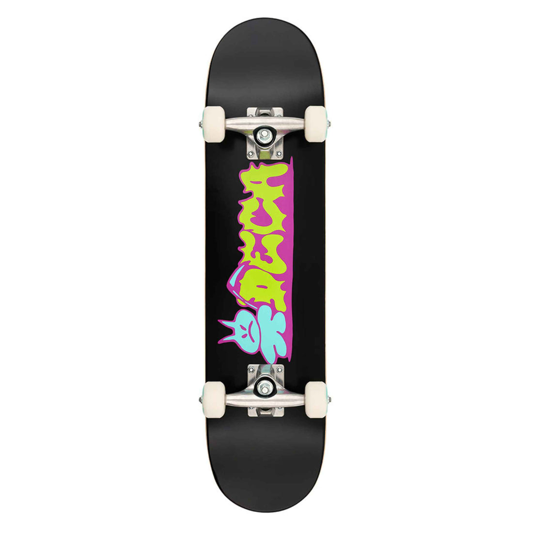A skateboard deck with a black background and a colorful graffiti-style graphic in neon green, pink, and blue down the center. Deca Kids Mini Frank 7.0" complete skateboard in Black with mini-size deck, black grip tape, aluminium trucks and 51mm wheels.