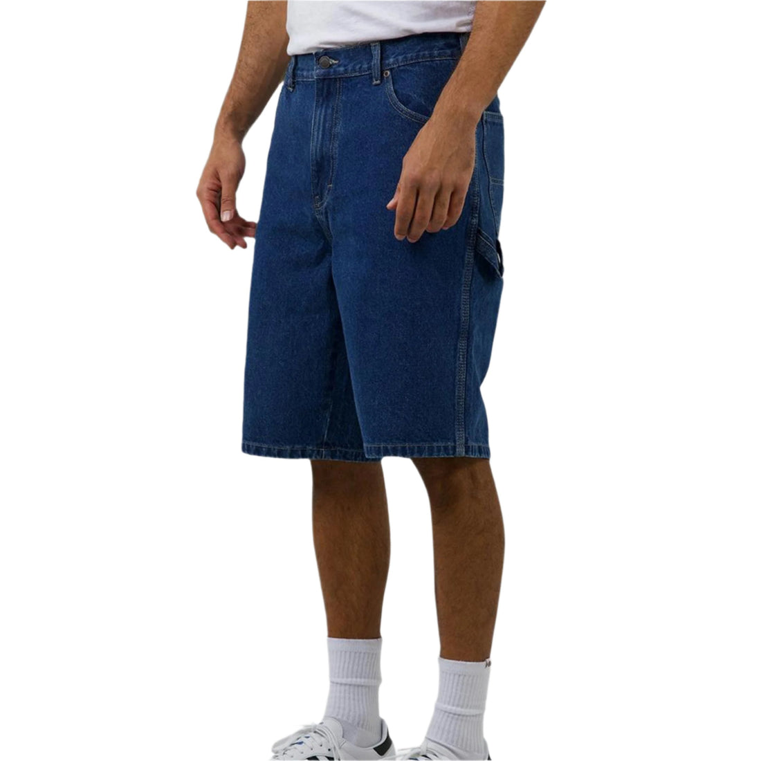 A person wearing a pair of Dickies 11" relaxed fit denim carpenter shorts in a stoned washed indigo color.
