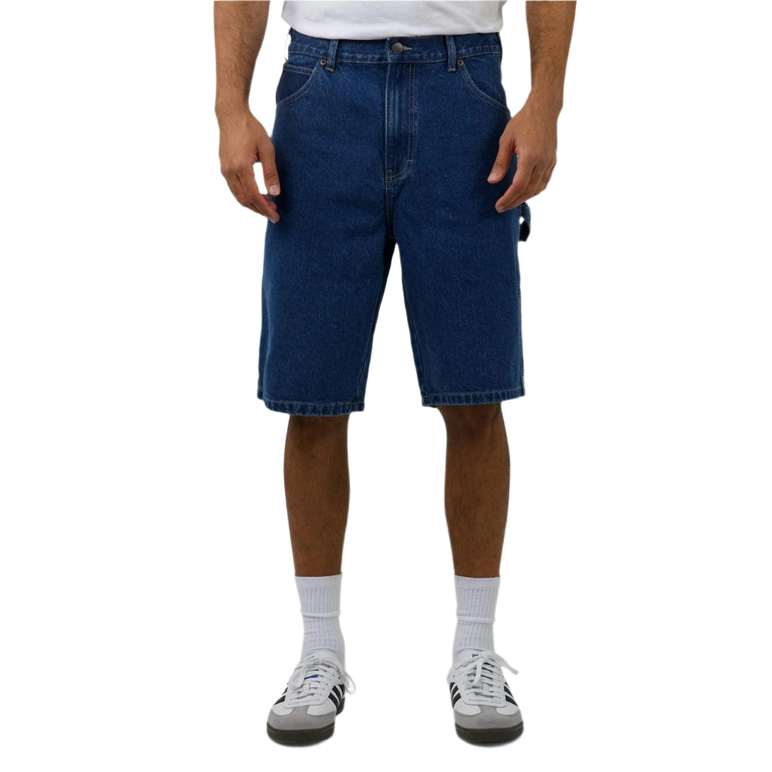 Dickies 11" Relaxed Fit Denim Carpenter Shorts in Stoned Washed Indigo with utility pockets, hammer loop and heavyweight denim construction.