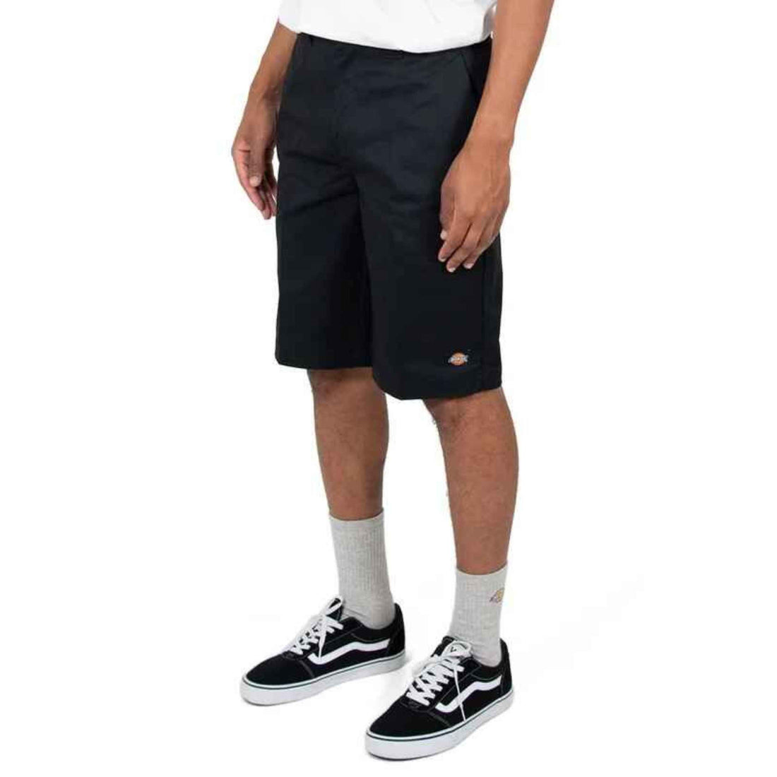 Dickies 12-inch Slim Straight Short in Black with durable twill fabric and practical utility pockets, available at Freeride Surf & Skate NZ.