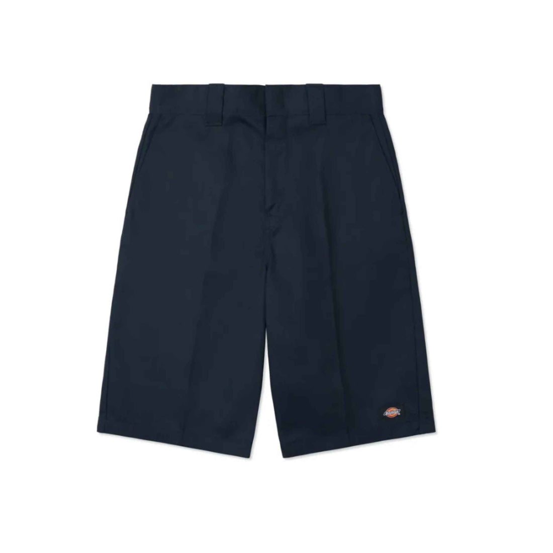 A pair of dark navy blue Dickies shorts with a small embroidered orange and white logo on the lower left leg, displayed flat against a solid white background.