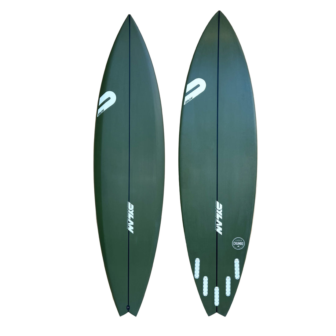The Dylan Shapes Lucas Chumbo Pro 6'9 Army Green Spray Surfboard — a high-performance big-wave board designed with Lucas “Chumbo” Chianca, built for unmatched paddle power, hold, and precision in serious surf.

The proven Chumbo has a flat deck that distributes volume to the rails, low rail profile for enhanced control, and a deep double concave through vee. This model is engineered to deliver speed, drive, and responsiveness in heavy water.