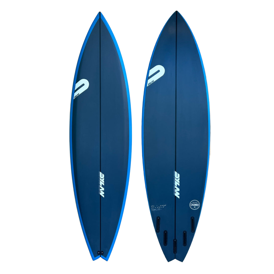 The Dylan Shapes Lucas Chumbo Pro 6'11 Dark Blue Blue Rail Spray Surfboard — a high-performance big-wave board designed with Lucas “Chumbo” Chianca, built for unmatched paddle power, hold, and precision in serious surf.

The proven Chumbo has a flat deck that distributes volume to the rails, low rail profile for enhanced control, and a deep double concave through vee. This model is engineered to deliver speed, drive, and responsiveness in heavy water.