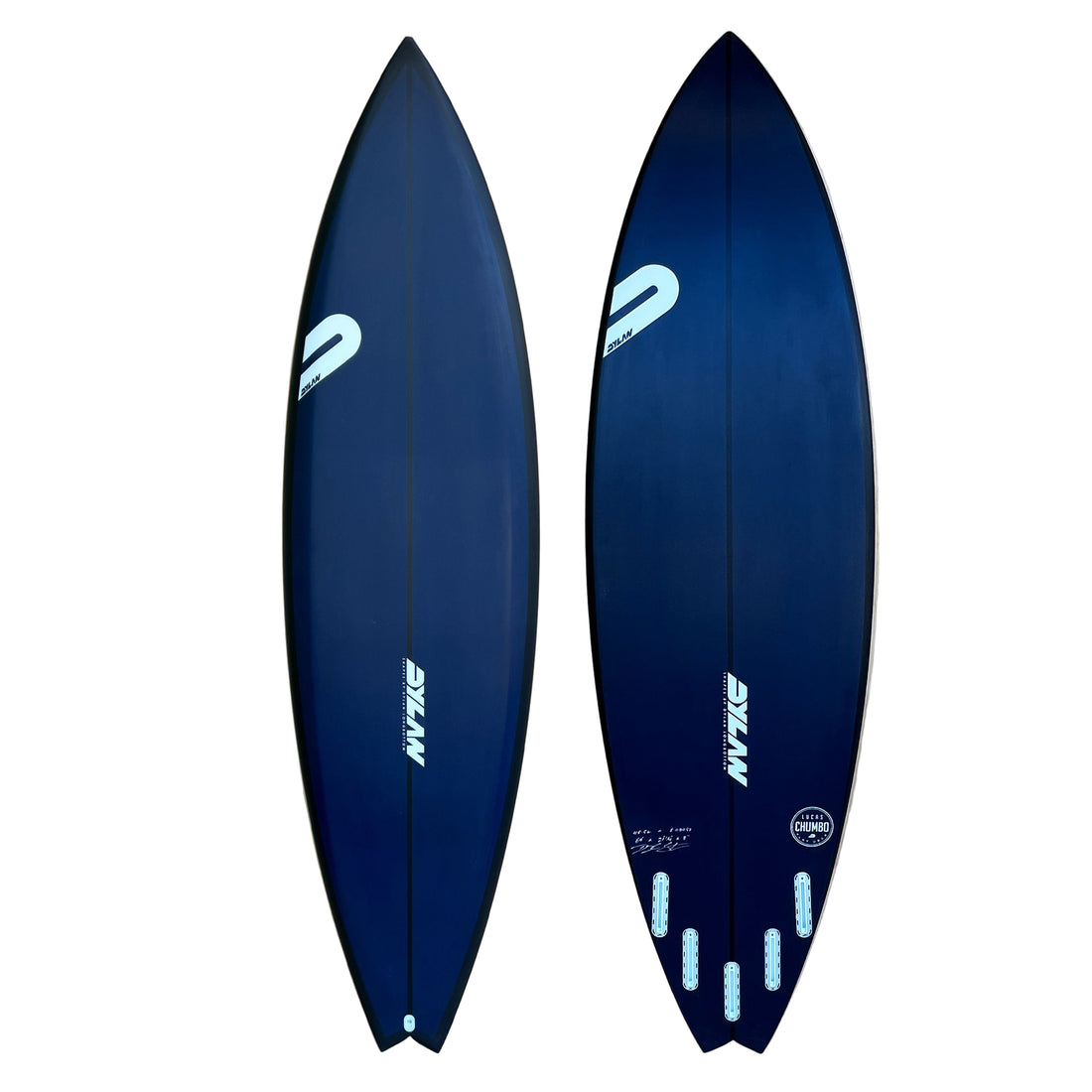 The Dylan Shapes Lucas Chumbo Pro 6'9 Navy Blue Black Rail Spray Surfboard — a high-performance big-wave board designed with Lucas “Chumbo” Chianca, built for unmatched paddle power, hold, and precision in serious surf.

The proven Chumbo has a flat deck that distributes volume to the rails, low rail profile for enhanced control, and a deep double concave through vee. This model is engineered to deliver speed, drive, and responsiveness in heavy water.