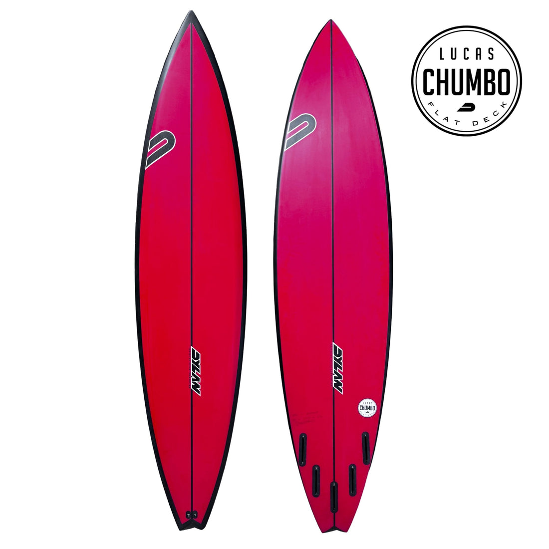 Dyalan Shapes Chumbo 7'6 Red Black Rail Spray big wave surfboard model. Step Deck design for easy paddle ins on large waves. The Chumbo offers paddle power with the flat deck which continues the volume out to where it meets the low rail, the flat deck also make it way easier to turn for a big board and the low rails allowing the board to engage and hold and be able to change lines easy and smooth.