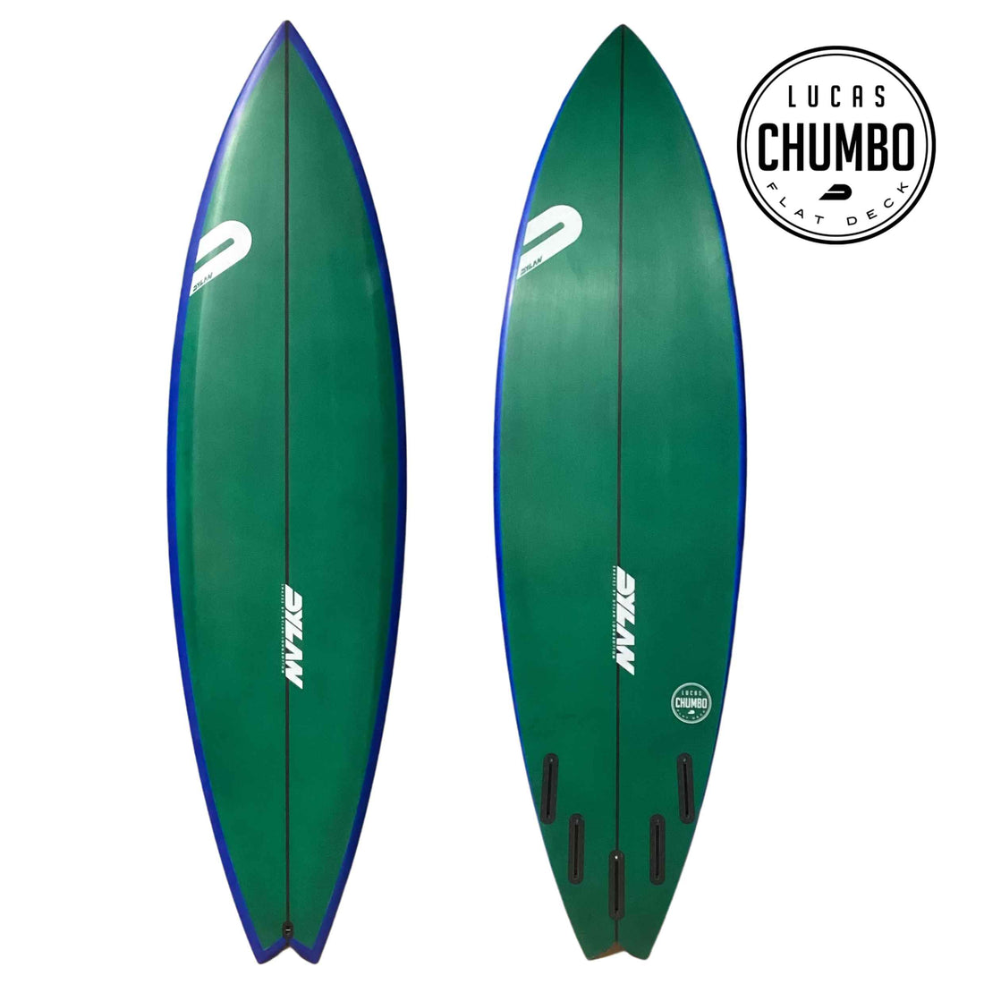 Dylan Shapes Lucas Chumbo Pro 6'9 surfboard in forest green with blue rail at Freeride Surf & Skate Auckland NZ. Two green surfboards with blue edges on a white background, featuring the Lucas Chumbo brand. 