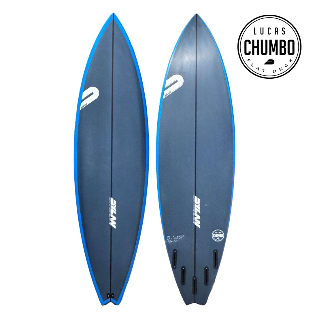 Dyalan Shapes Chumbo big wave surfboard model. Step Deck design for easy paddle ins on large waves. The Chumbo offers paddle power. Dark Blue Tint Light Blue Rail Spray. Future Fins, 5 Plug