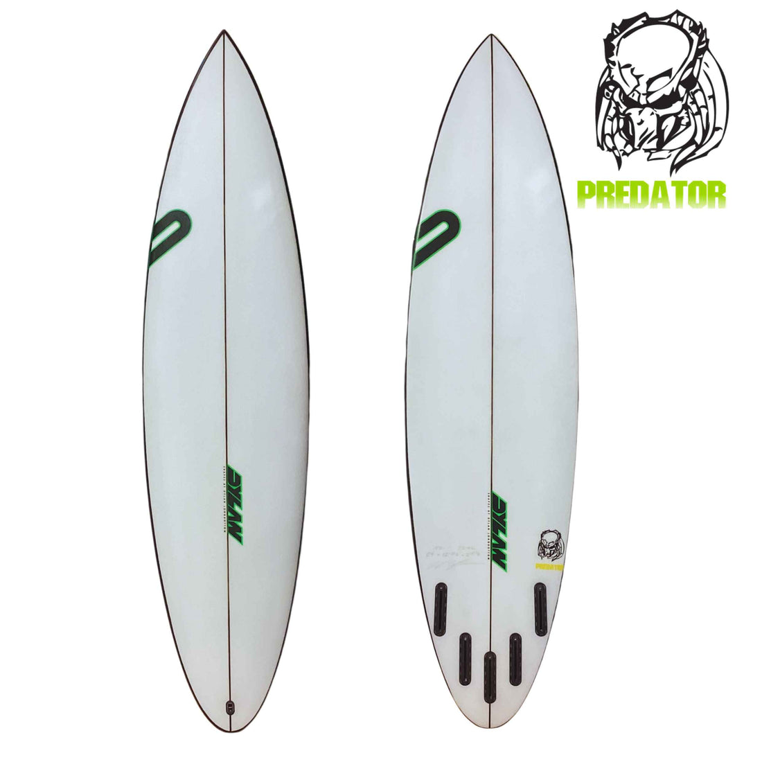 Dylan Shapes Predator 6'4 surfboard clear with black rail and green logo at Freeride Surf & Skate Auckland NZ