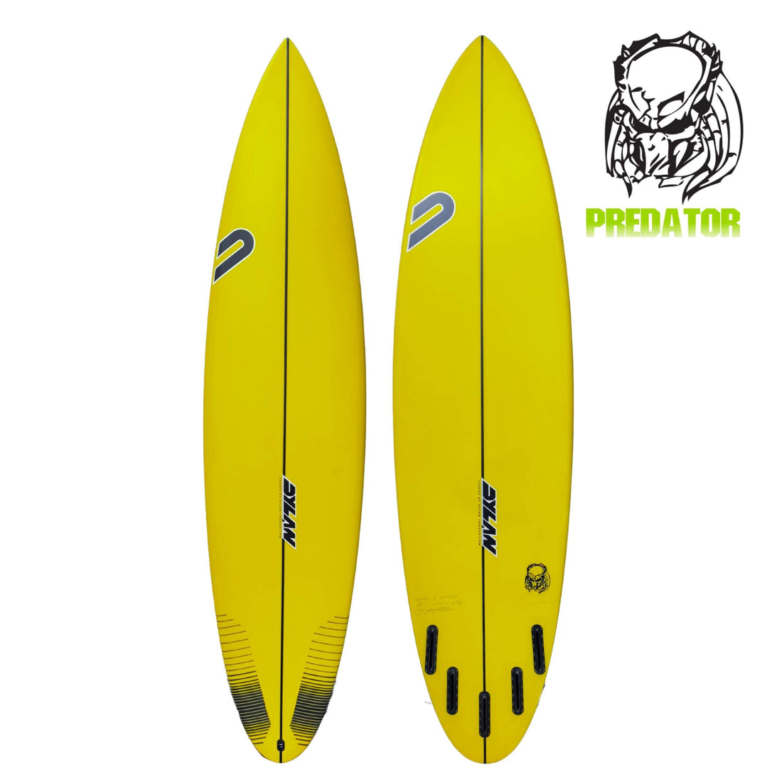 Dylan Shapes Predator Surfboard model in full yellow spray, future fins, big wave step up shaped by Australian Surfboard Shaper Dylan Longbottom