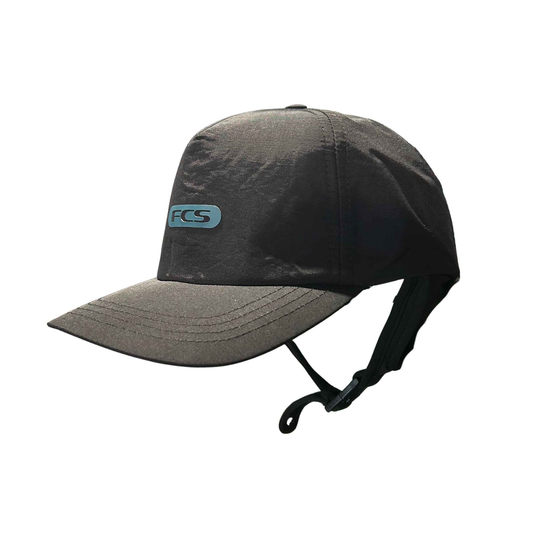 FCS Essential Trucker Wet Cap in Black Teal with hard brim, perforated panels and adjustable back strap, available at Freeride Surf & Skate NZ.