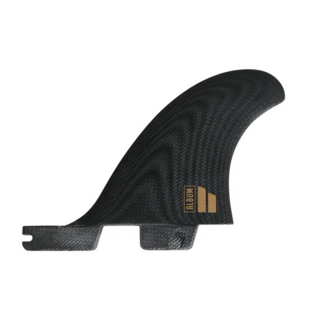 FCS II Album Twin +1 performance glass fins in black and gold with stabiliser, available at Freeride Surf & Skate NZ.
