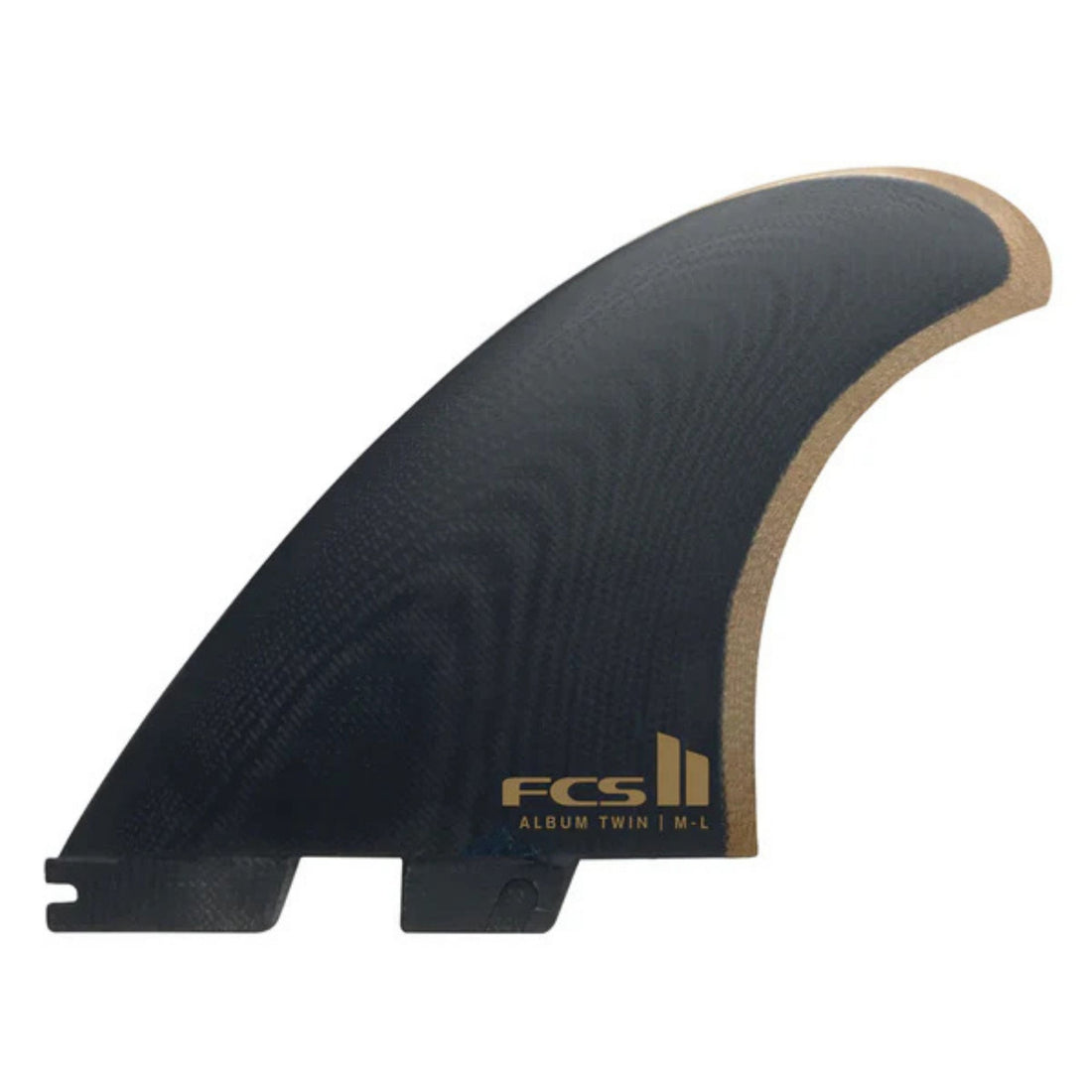 FCS II Album Twin +1 performance glass fins in black and gold with stabiliser, available at Freeride Surf & Skate NZ.