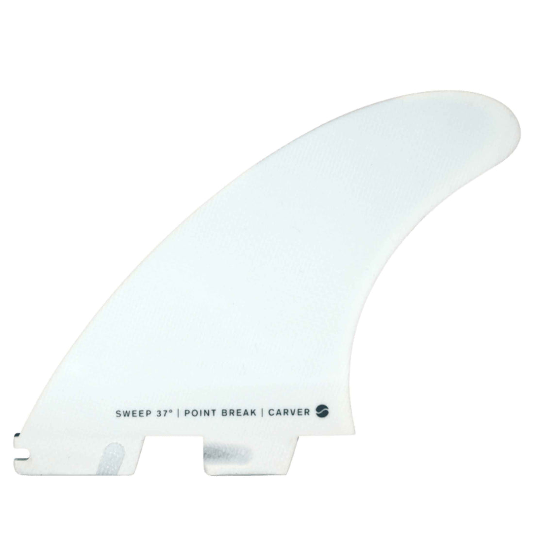 A white surfboard fin blade with black printed text reading 'SWEEP 37" | POINT BREAK | CARVER' on a plain white background.