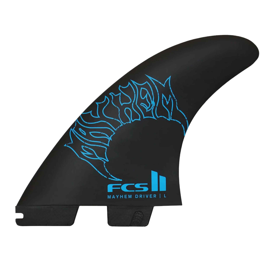 A black surfboard fin with a blue flame design and 'FCS Mayhem Driver L' branding, shown on a plain white background.