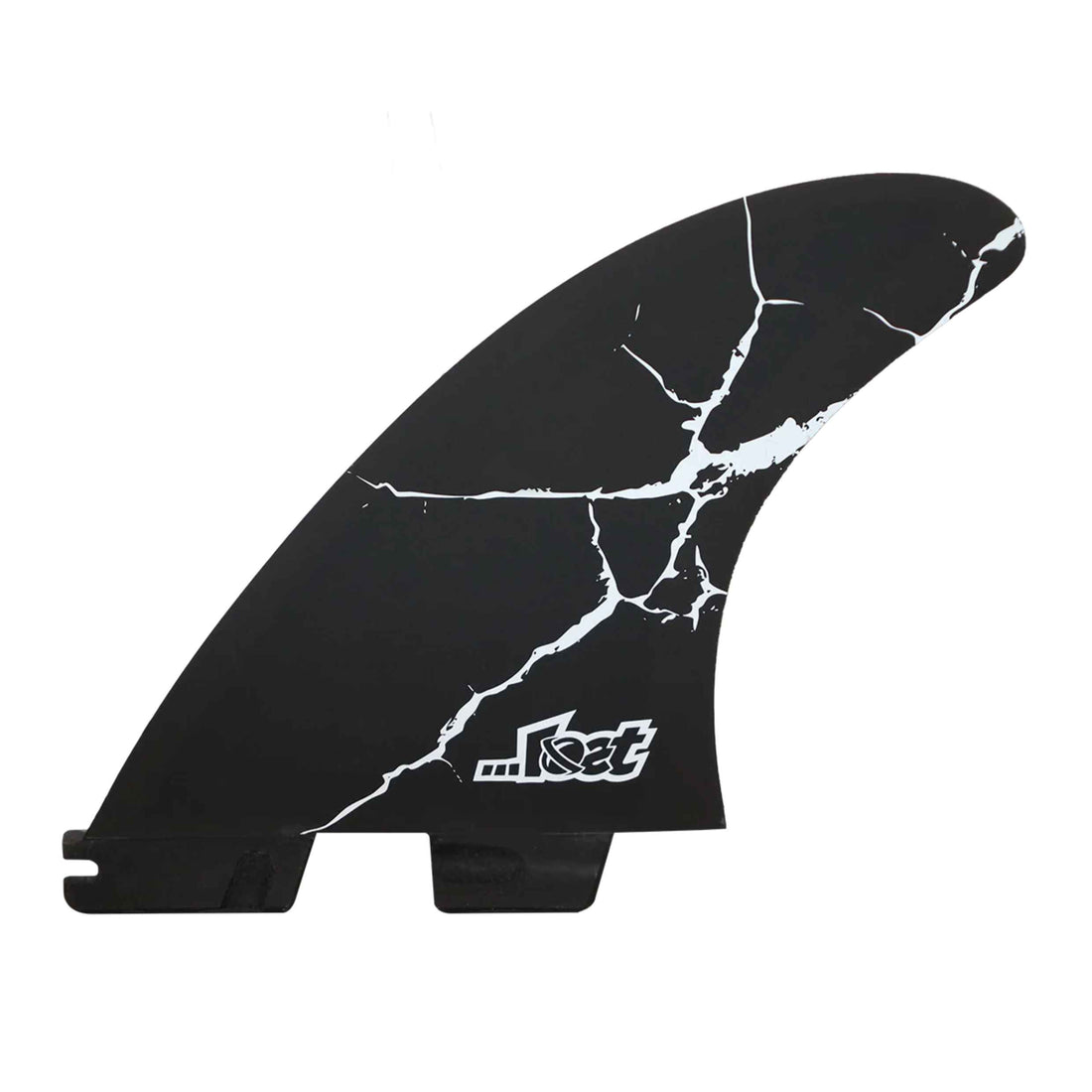 A single surfboard fin blank in matte black with a white marble crackle pattern and the 'lost' brand logo near the base, shown on a plain white background.