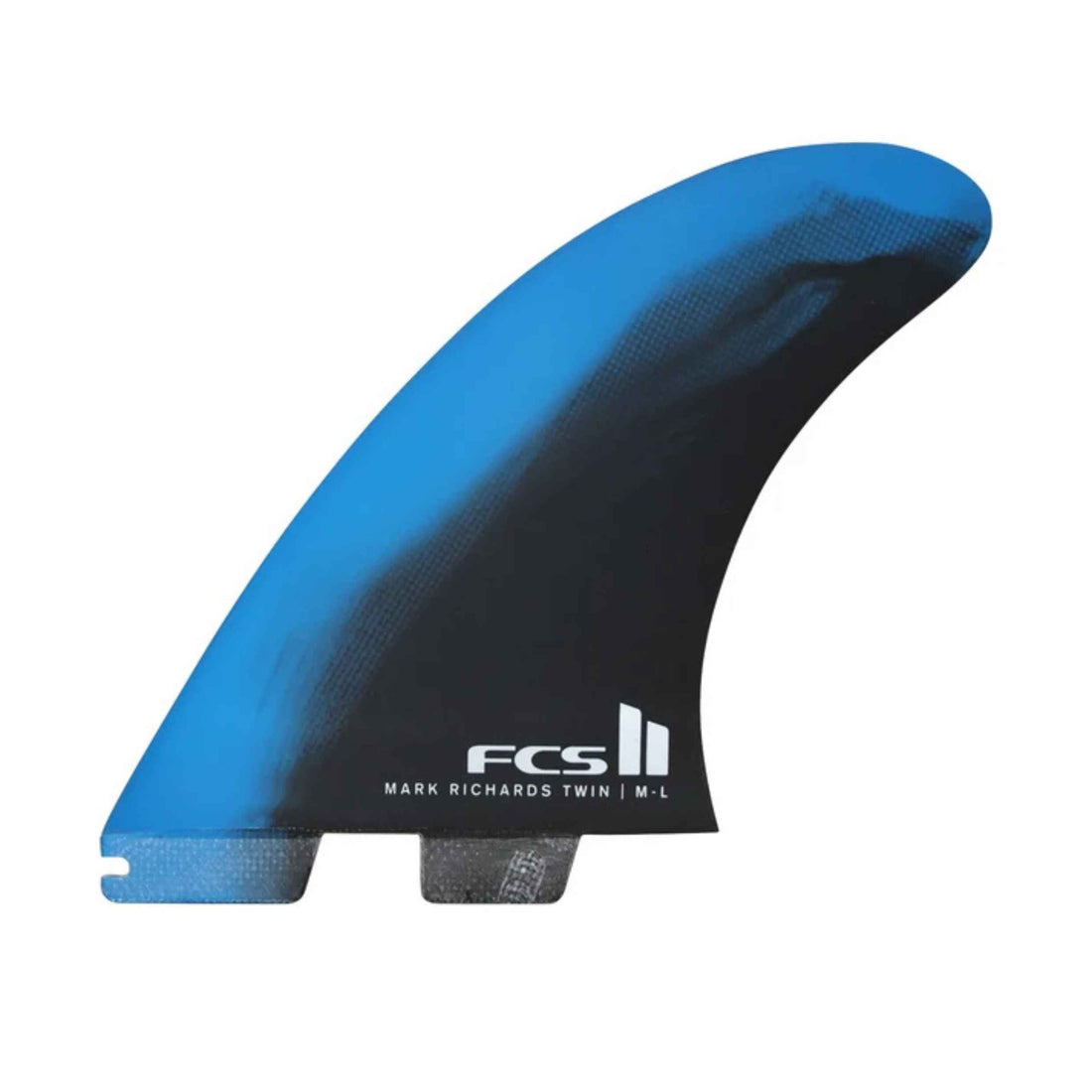 FCS II MR Twin+1 Performance Core Medium-Large Black Blue Twin Fins with stabilizer centre fin, available at Freeride Surf & Skate NZ.