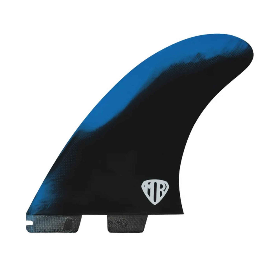 A surfboard fin blade with a black and blue carbon fiber pattern, featuring a white shield logo with 'MR' on the lower right and textured mounting tabs on the bottom left, set against a plain white background.