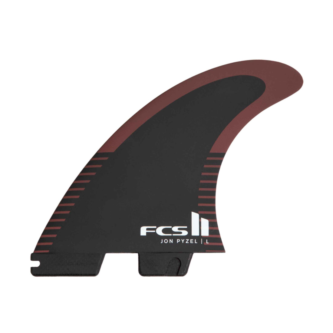 A single FCS surfboard fin blade, model Jon Pyzel | L, featuring a black body with a dark reddish-brown upper curve and matching red stripe accents, on a solid white background.