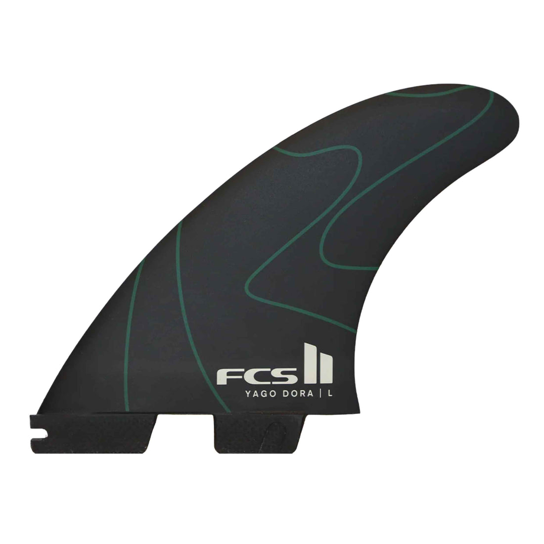FCS II Yago Dora Performance Core Tri Fins Pulse Green Large thruster fin set available at Freeride Surf & Skate NZ.