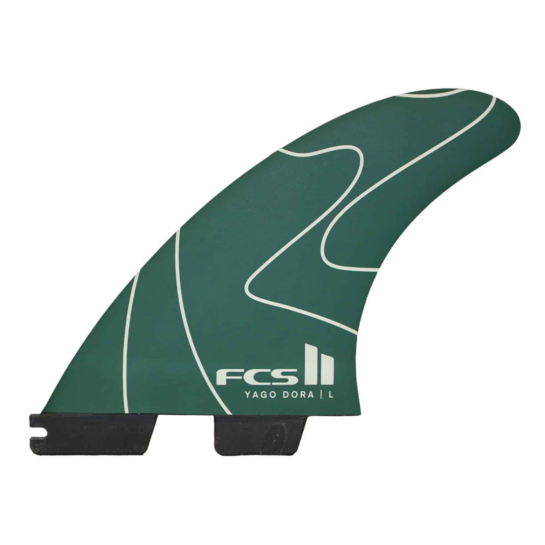 FCS II Yago Dora Performance Core Tri Fins Pulse Green Large thruster fin set available at Freeride Surf & Skate NZ.