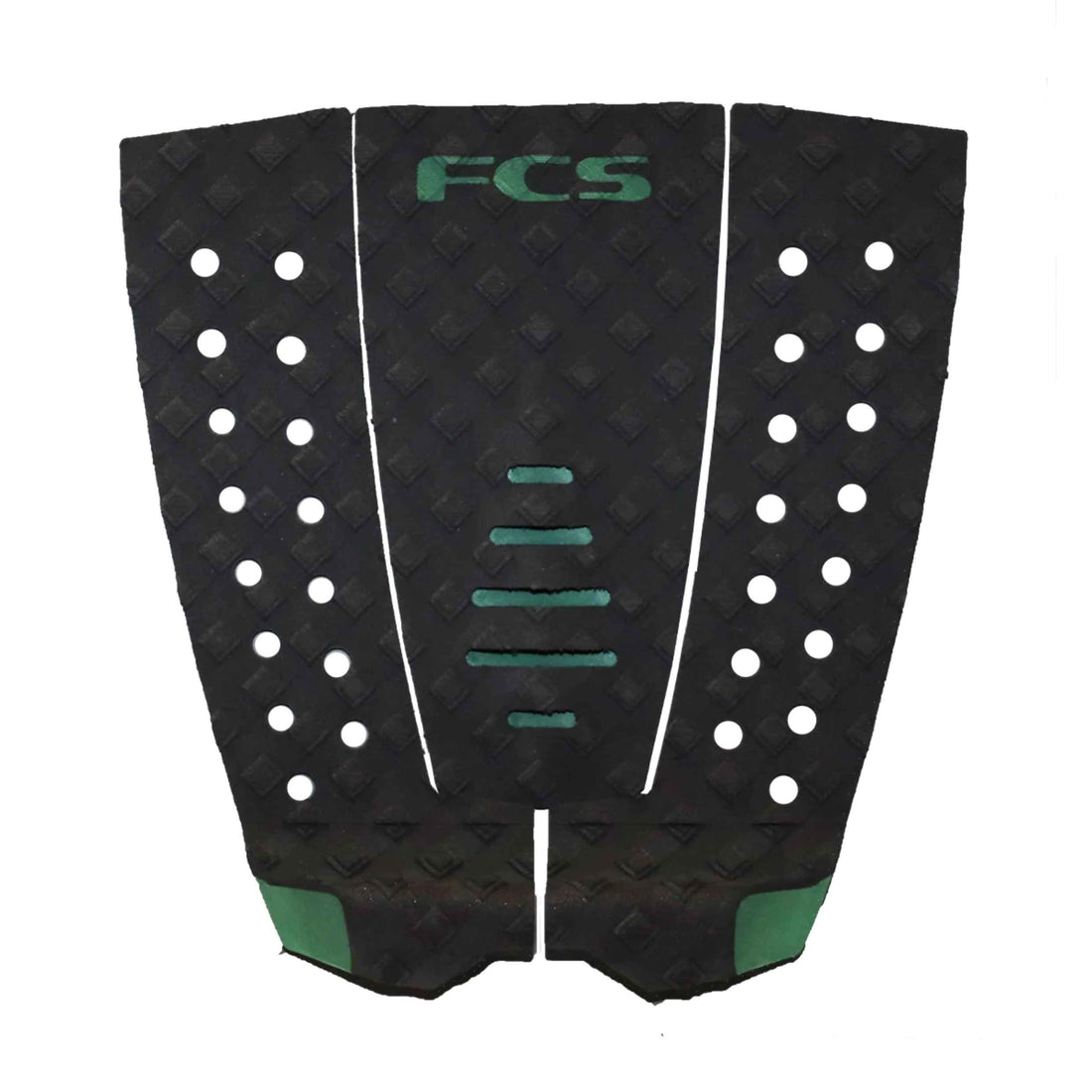 FCS Yago Dora Black Green surfboard traction pad with wide template and dual-angle tail kick.