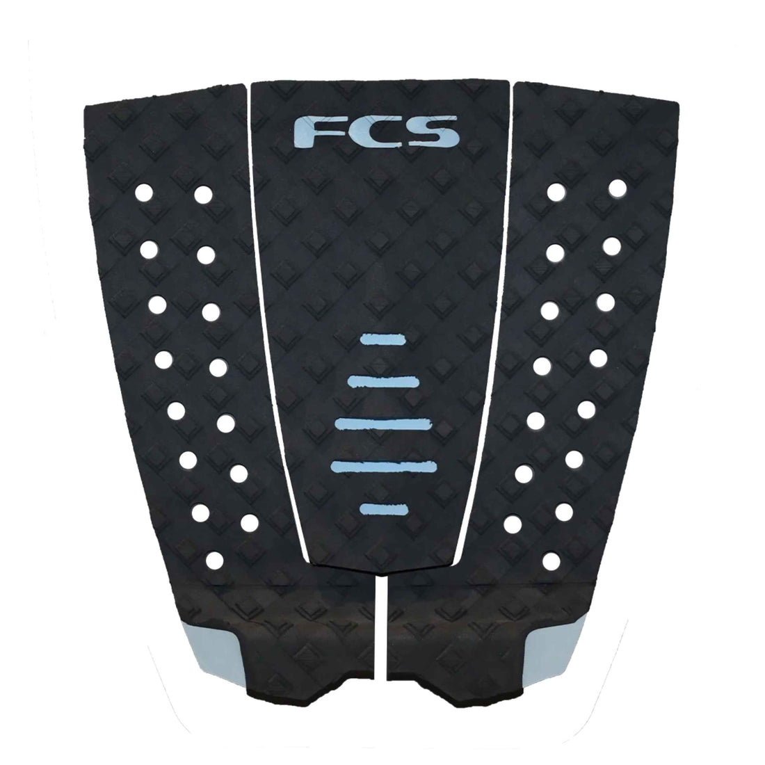 FCS Yago Dora Charcoal Flux surfboard traction pad with wide template and dual-angle tail kick.