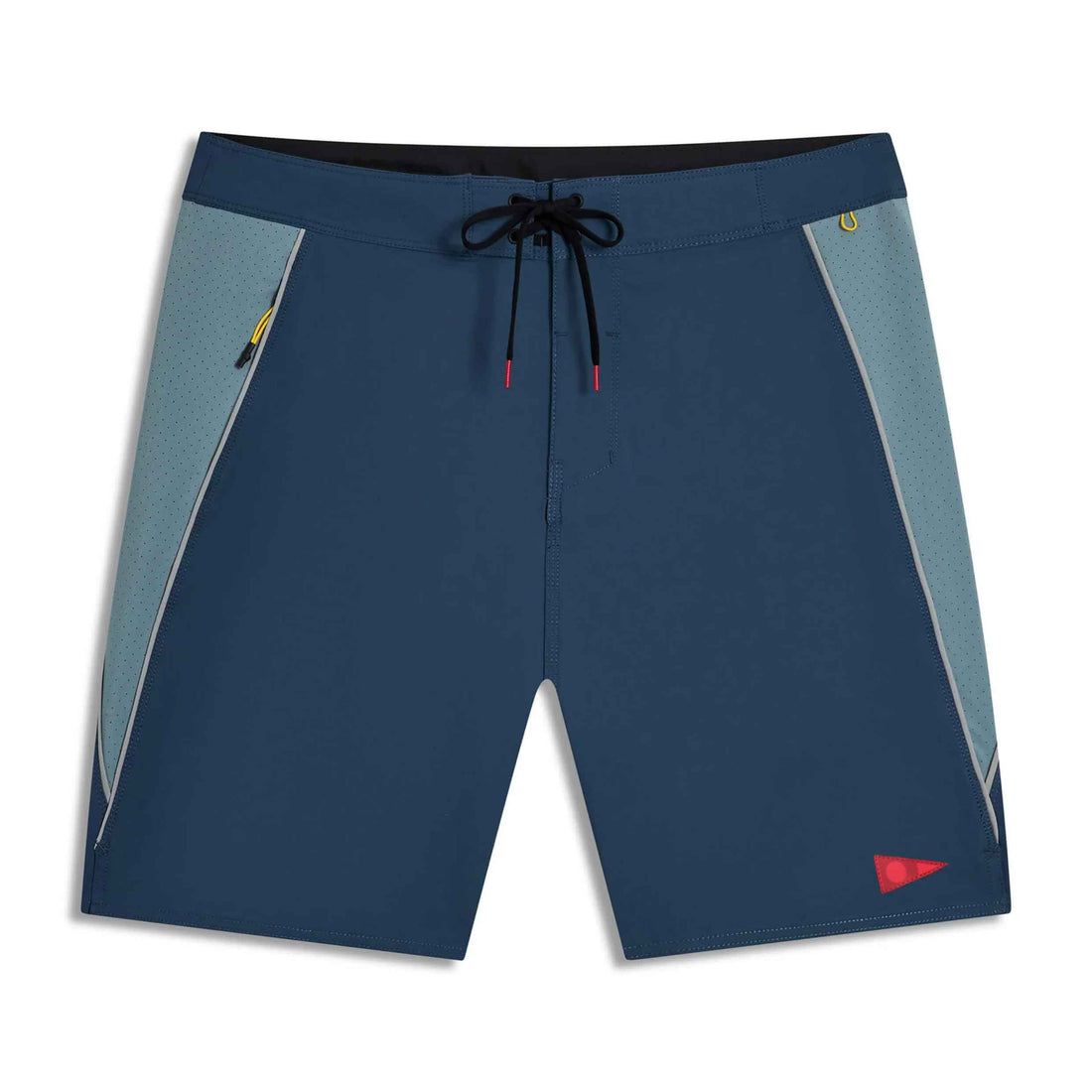 A pair of men's board shorts in navy blue with light blue side panels, featuring a black drawstring waist and a small red logo on the lower left leg.