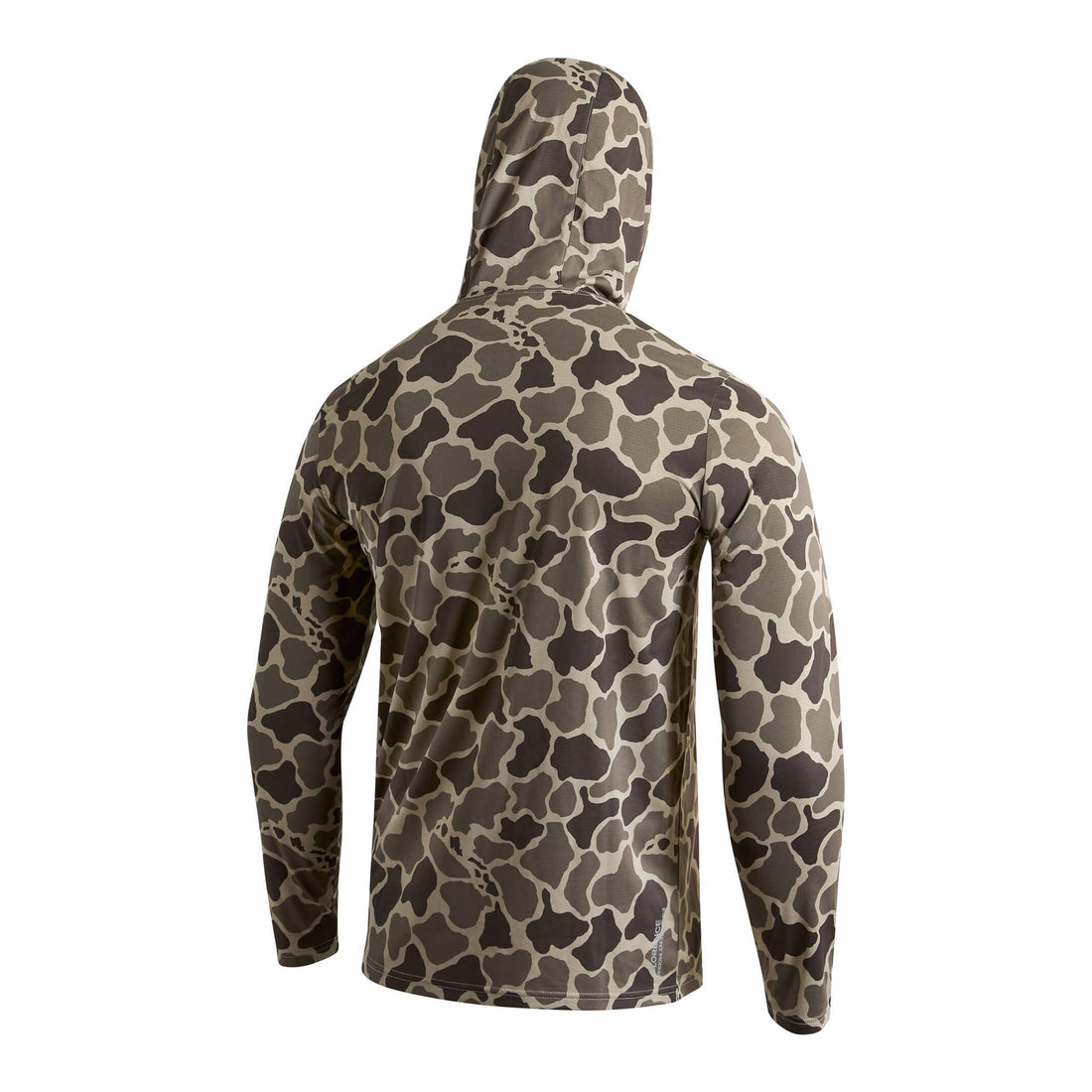 Back view of Florence Airtex Long Sleeve Hooded Shirt Tundra Camo showing lightweight mesh fabric, NZ.
