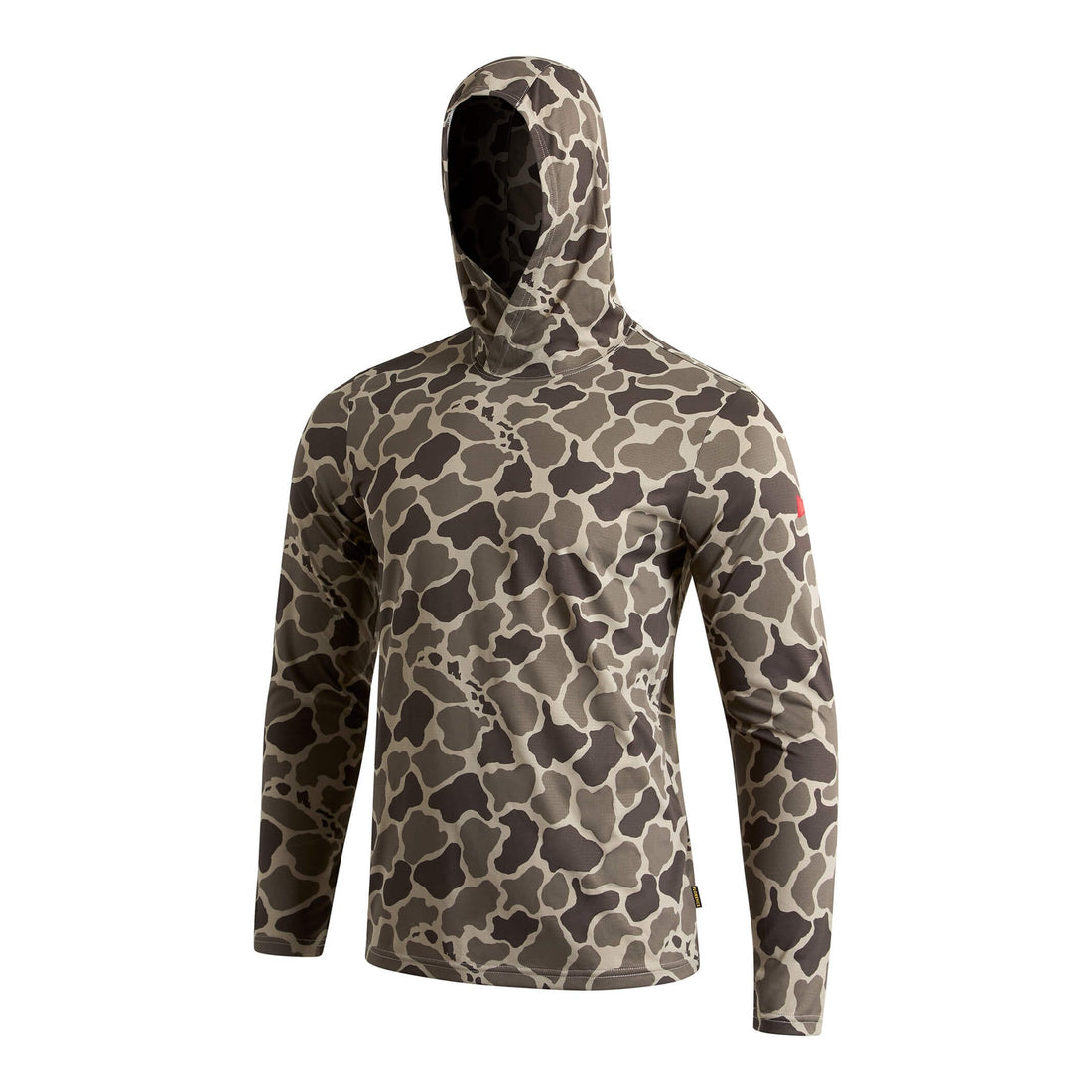 Florence Airtex Long Sleeve Hooded Shirt Tundra Camo front view with hood and UPF 50+ breathable fabric, NZ.