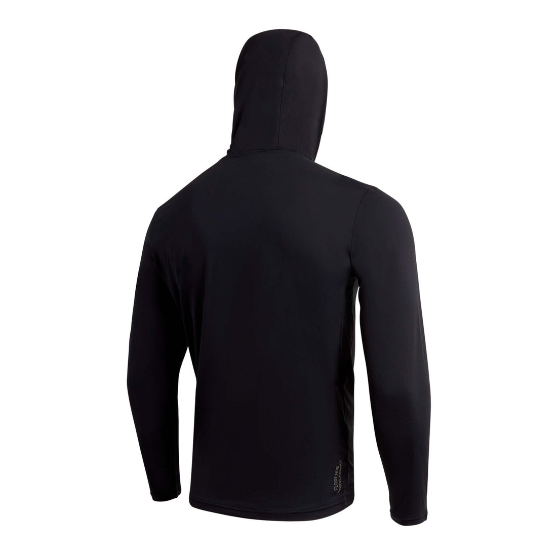 Back view of Florence Airtex Hooded Shirt Black showing lightweight recycled mesh fabric, NZ.