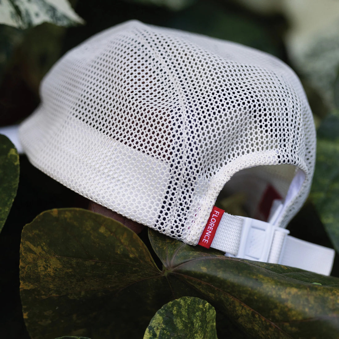 Florence Airtex unstructured hat in white with breathable mesh panels and flexible brim, available at Freeride Surf & Skate NZ.