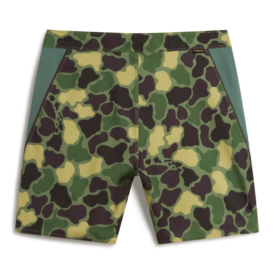Florence F1 Airtex Gamma boardshorts in green camo with breathable welded panels, available at Freeride Surf & Skate NZ.