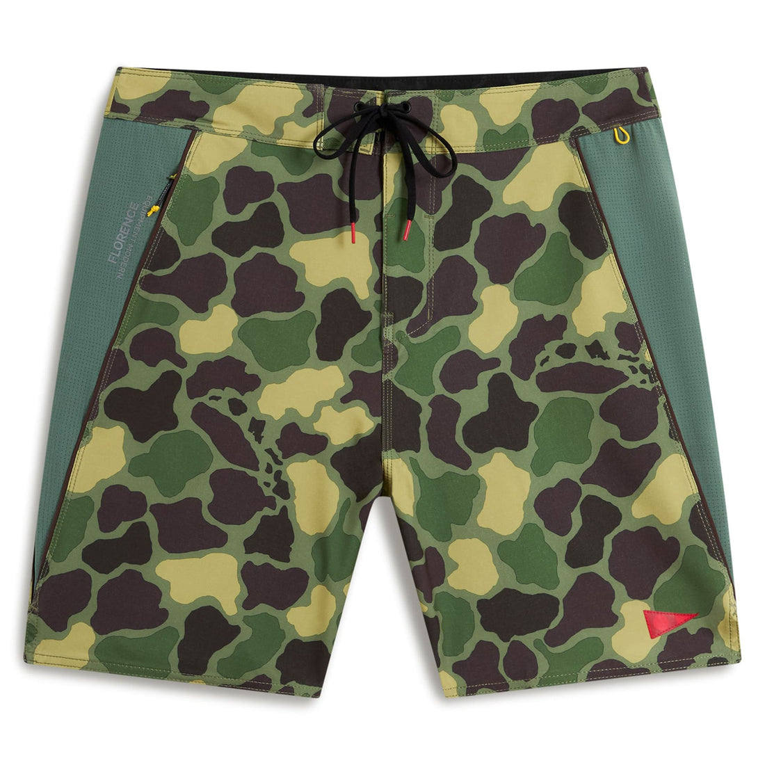 Florence F1 Airtex Gamma boardshorts in green camo with breathable welded panels, available at Freeride Surf & Skate NZ.