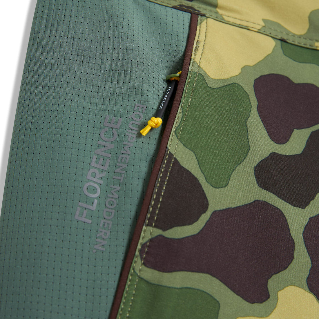 Florence F1 Airtex Gamma boardshorts in green camo with breathable welded panels, available at Freeride Surf & Skate NZ.