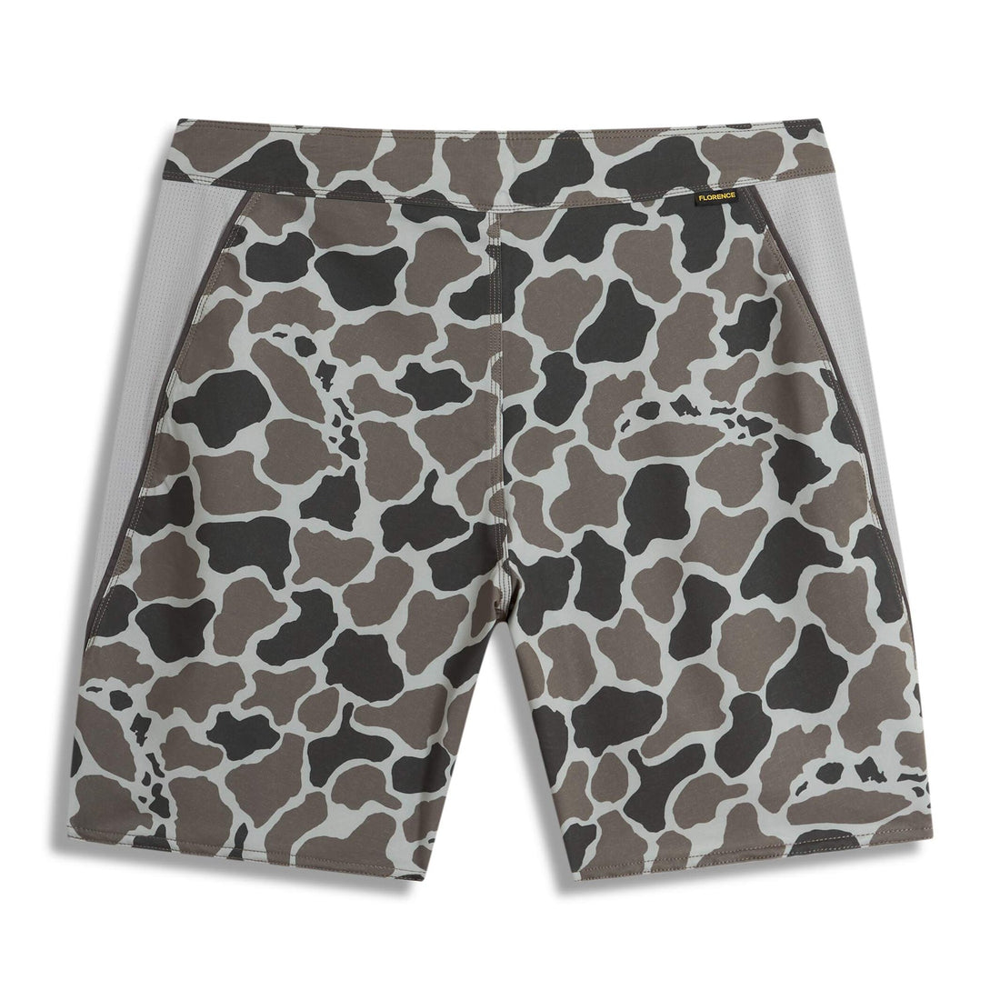 Back view of the Florence F1 Airtex Gamma Boardshort in tundra camo, showing streamlined cut and lightweight stretch fabric.