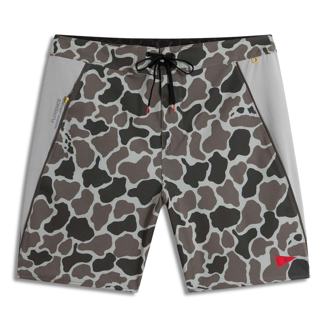 Front view of the Florence F1 Airtex Gamma Boardshort in tundra camo, featuring quick-dry fabric, Airtex side panels and performance fit.