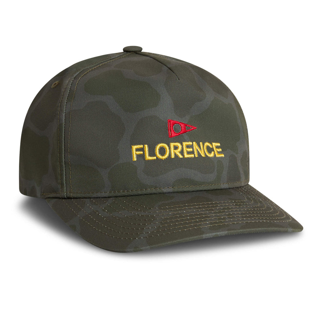 Florence Marine X logo twill hat in burnt camo olive with adjustable snapback, available at Freeride Surf & Skate NZ.