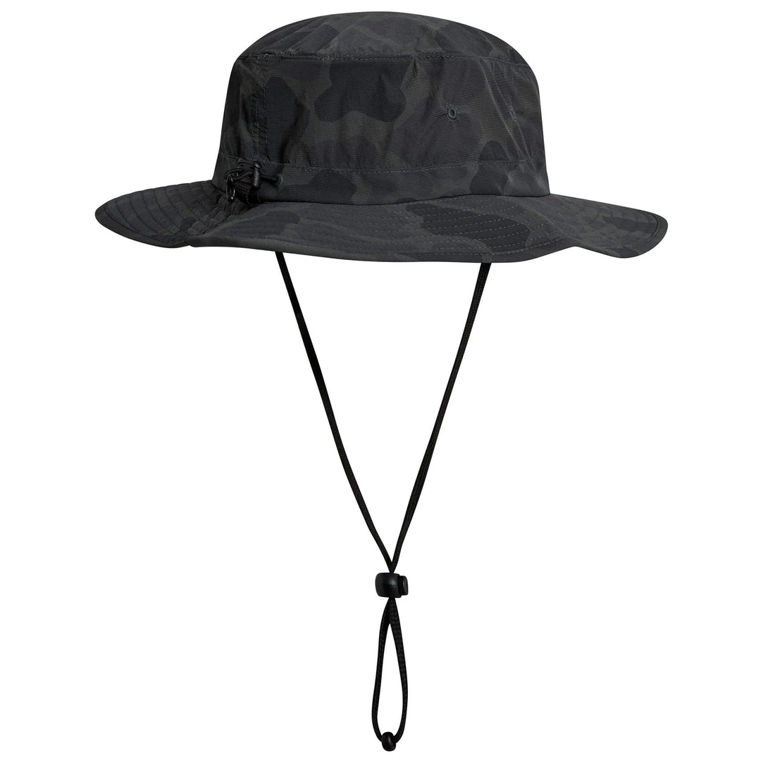 A black camouflage boonie hat with a wide brim and an adjustable chin strap, shown against a plain white background.