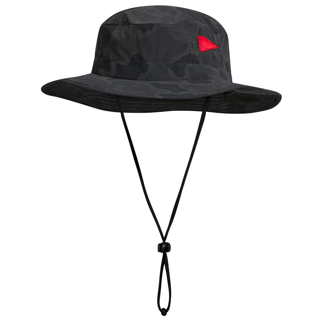A black camouflage boonie hat with a small red triangular logo on the side and a black chin strap, shown against a plain white background.
