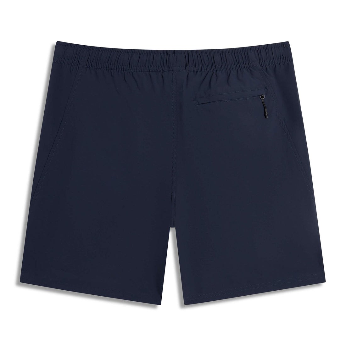 A pair of navy blue athletic shorts with an elastic waistband and a zippered side pocket, shown from the back on a white background.