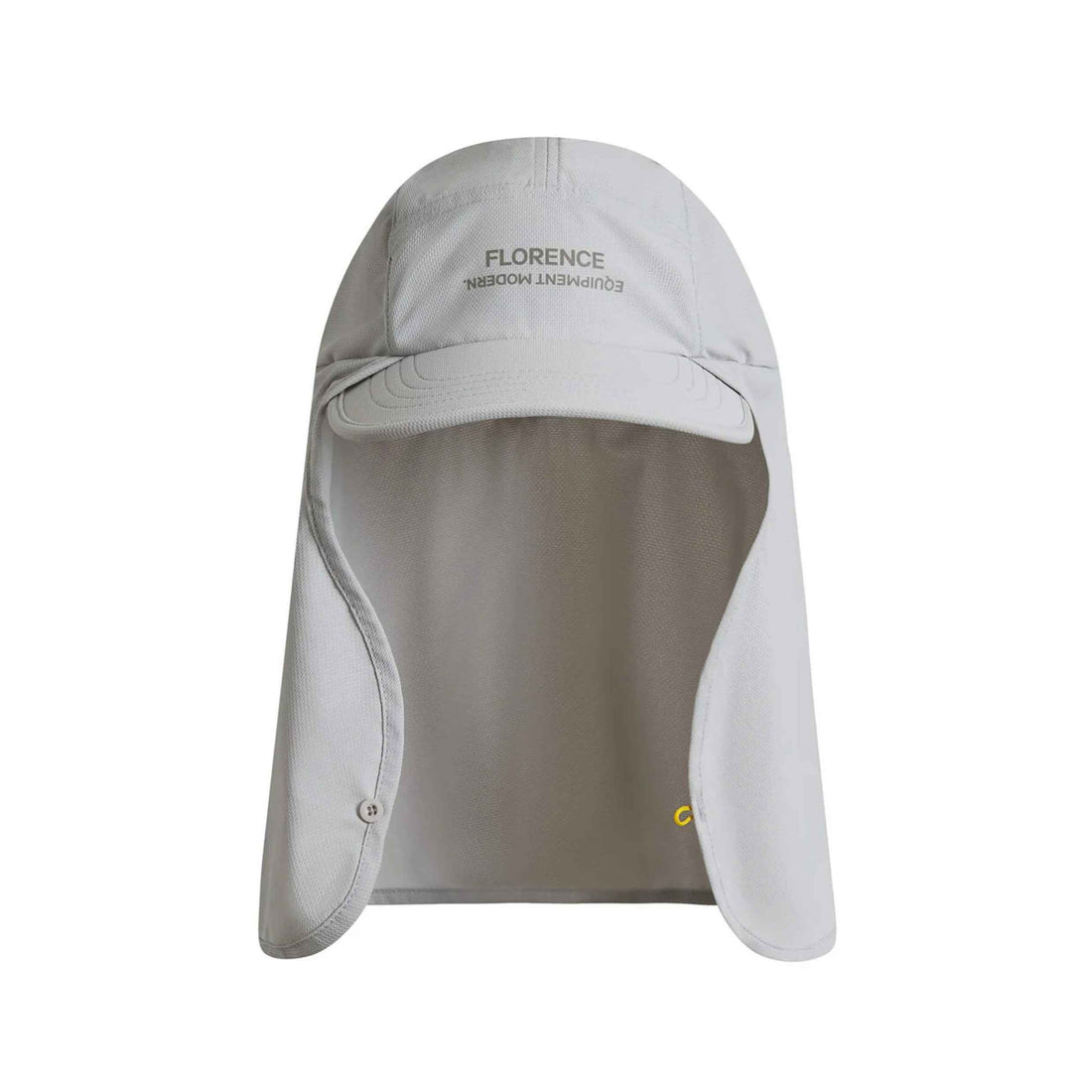 A light gray sun hat with an attached neck flap, featuring the text 'FLORENCE EQUIPMENT MODERN' printed on the front, shown against a plain white background.